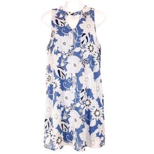 Dee Elly Floral Shift Dress Sleeveless Embroidered Cut-Out Blue White Womens S